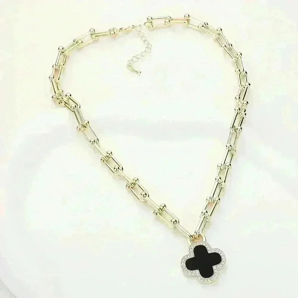 Black & Pave Quatrefoil Hardware Chain Necklace